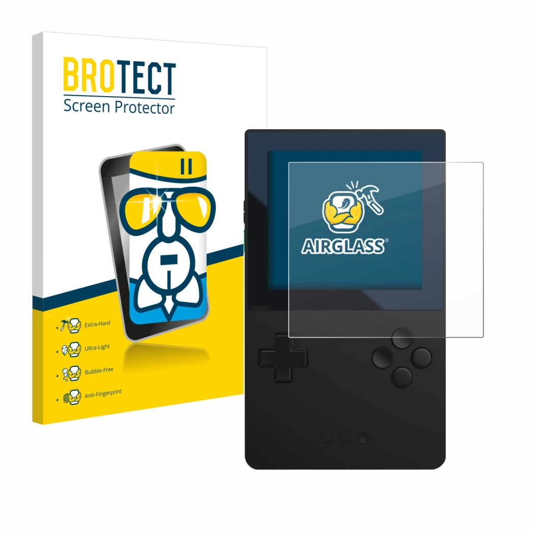 Vorderseite einer Produktverpackung mit dem Markenlogo BROTECT. Daneben ist das Gerät Analogue Pocket mit dem zugehörigen Disp