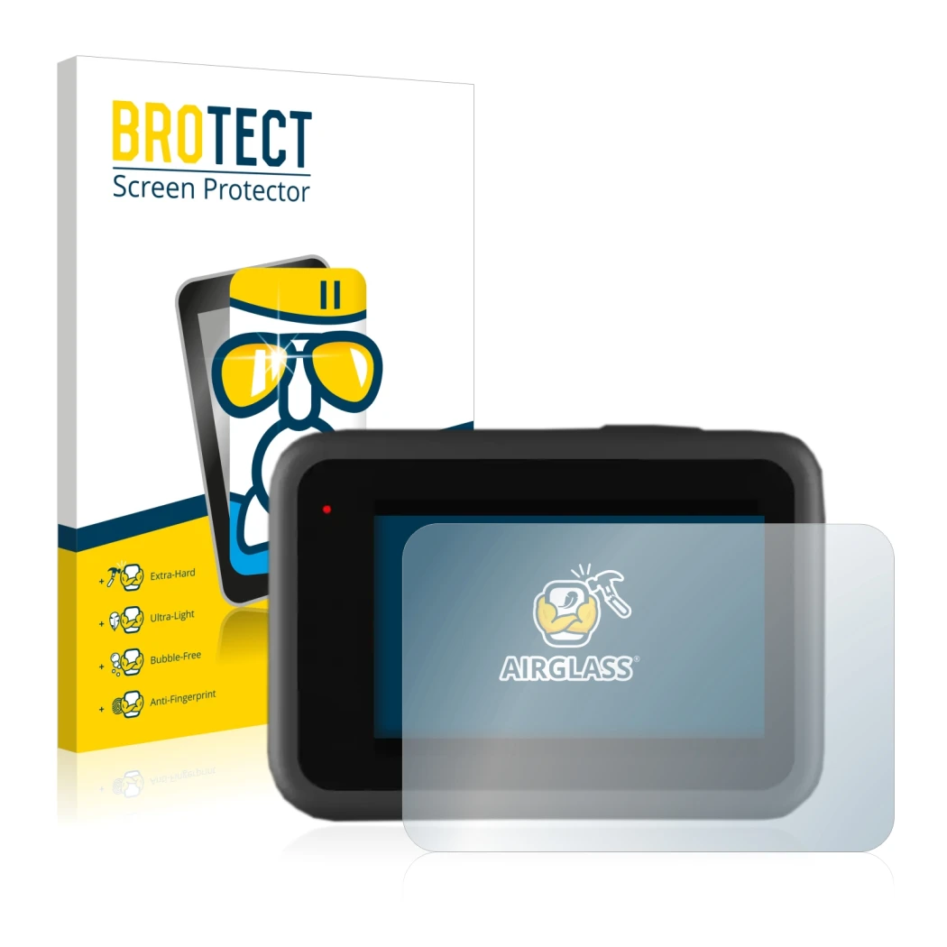 Vorderseite einer Produktverpackung mit dem Markenlogo BROTECT. Daneben ist das Gerät GoPro Hero 9 Black mit dem zugehörigen D