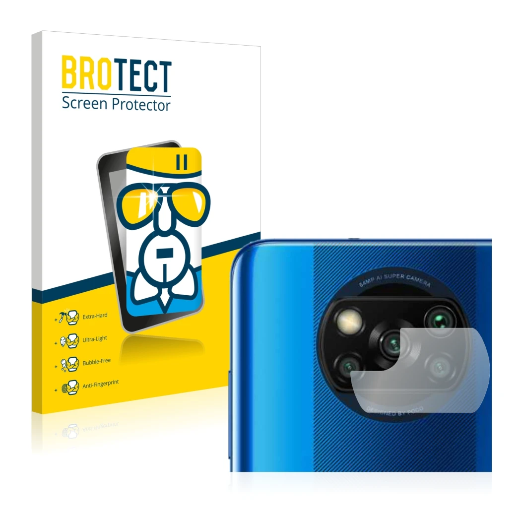 Vorderseite einer Produktverpackung mit dem Markenlogo BROTECT. Daneben ist das Gerät Xiaomi Poco X3 NFC (NUR Kameraschutz) mi