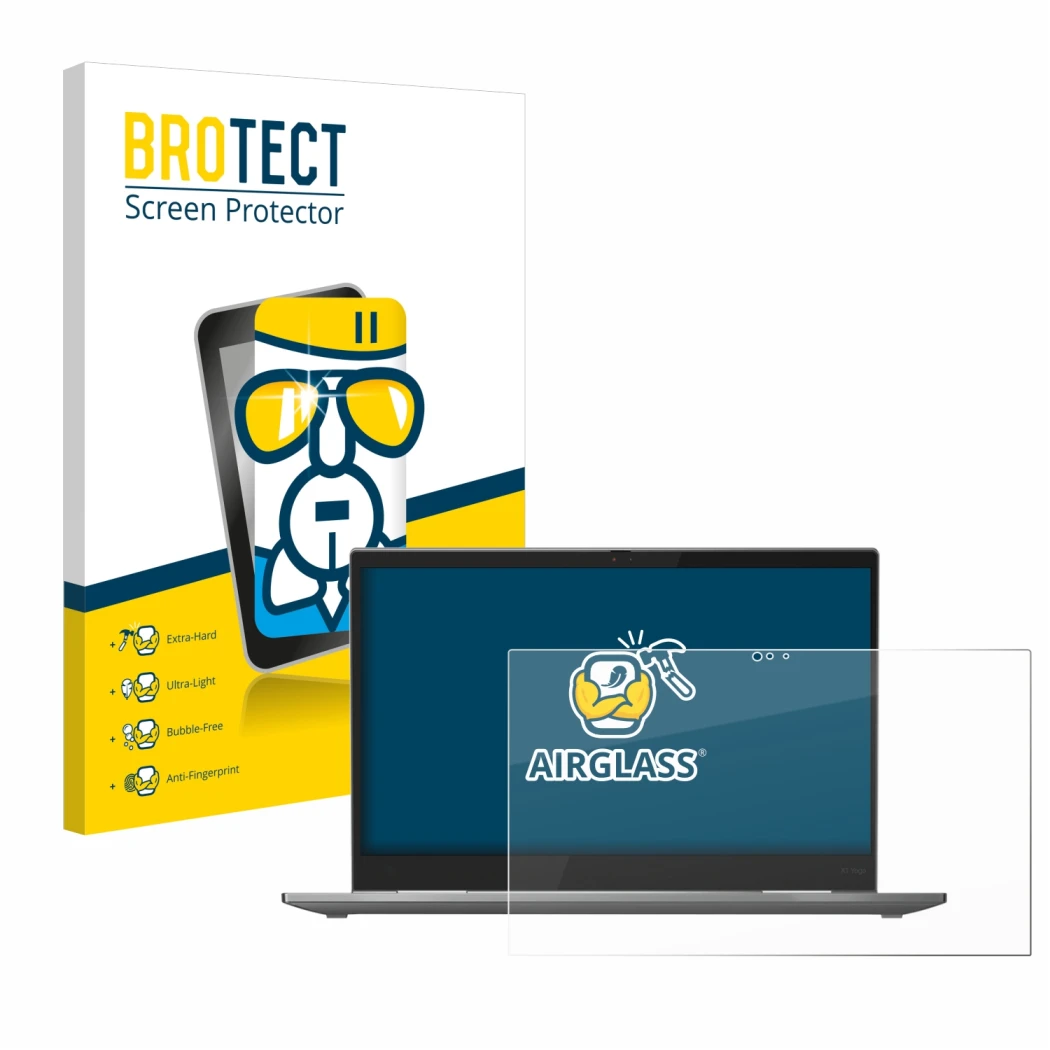 Vorderseite einer Produktverpackung mit dem Markenlogo BROTECT. Daneben ist das Gerät Lenovo ThinkPad X1 Yoga (5. Gen.) mit de