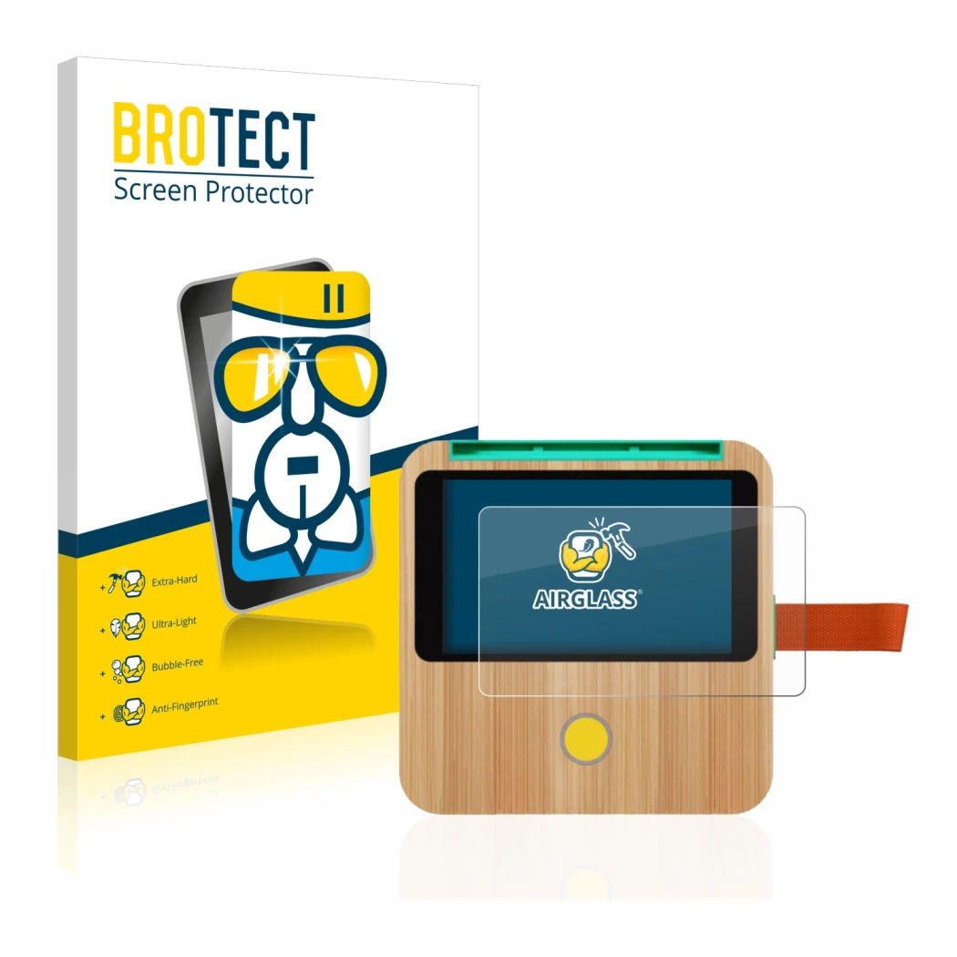 Vorderseite einer Produktverpackung mit dem Markenlogo BROTECT. Daneben ist das Gerät tigerbox Touch mit dem zugehörigen Displ