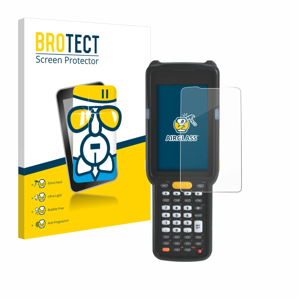 Vorderseite einer Produktverpackung mit dem Markenlogo BROTECT. Daneben ist das Gerät Zebra MC330L mit dem zugehörigen Display