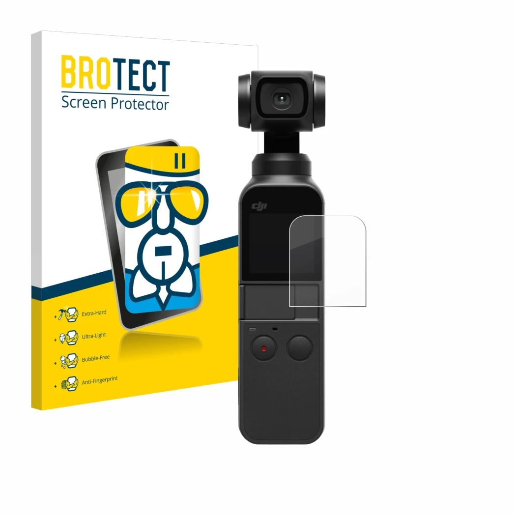 Vorderseite einer Produktverpackung mit dem Markenlogo BROTECT. Daneben ist das Gerät DJI Osmo Pocket 2 mit dem zugehörigen Di