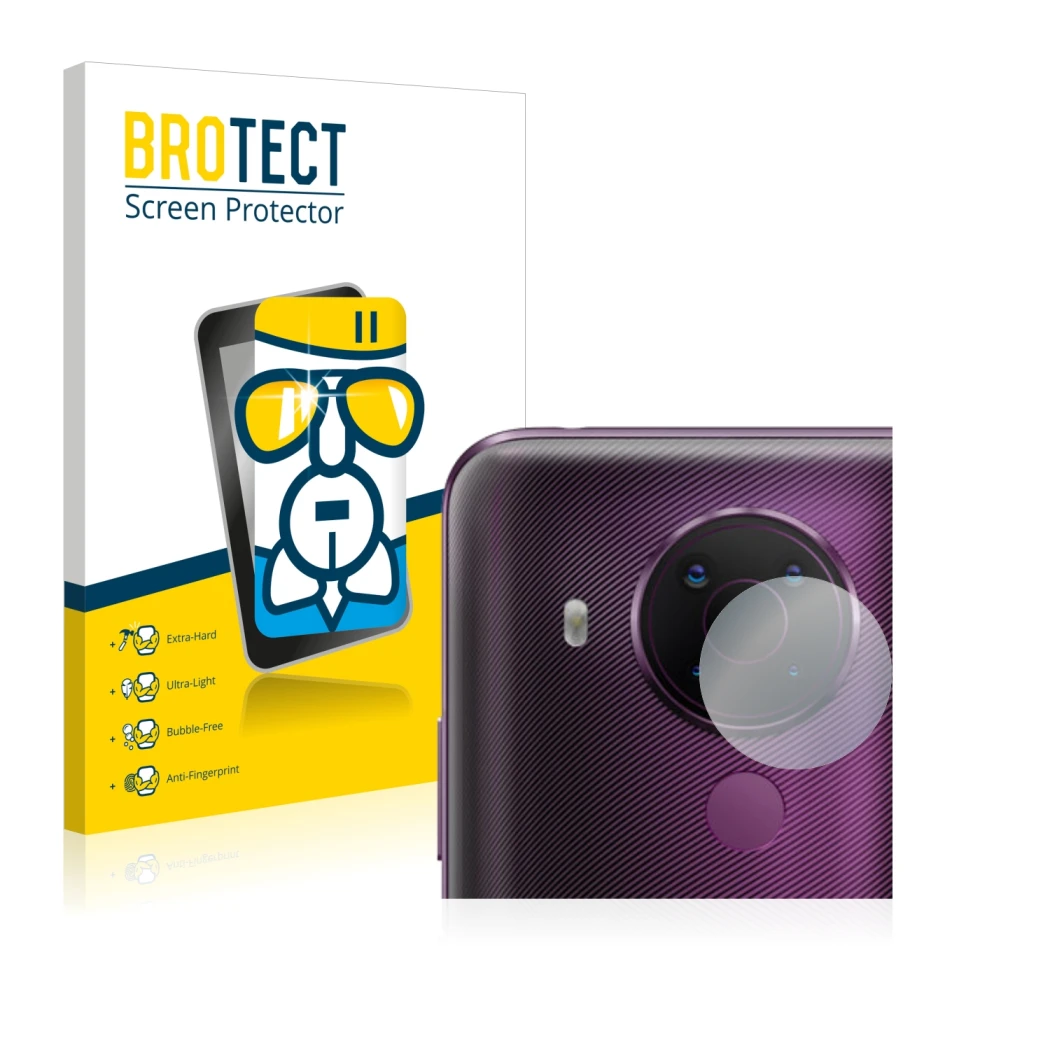 Vorderseite einer Produktverpackung mit dem Markenlogo BROTECT. Daneben ist das Gerät Nokia 5.4 (NUR Kameraschutz) mit dem zug