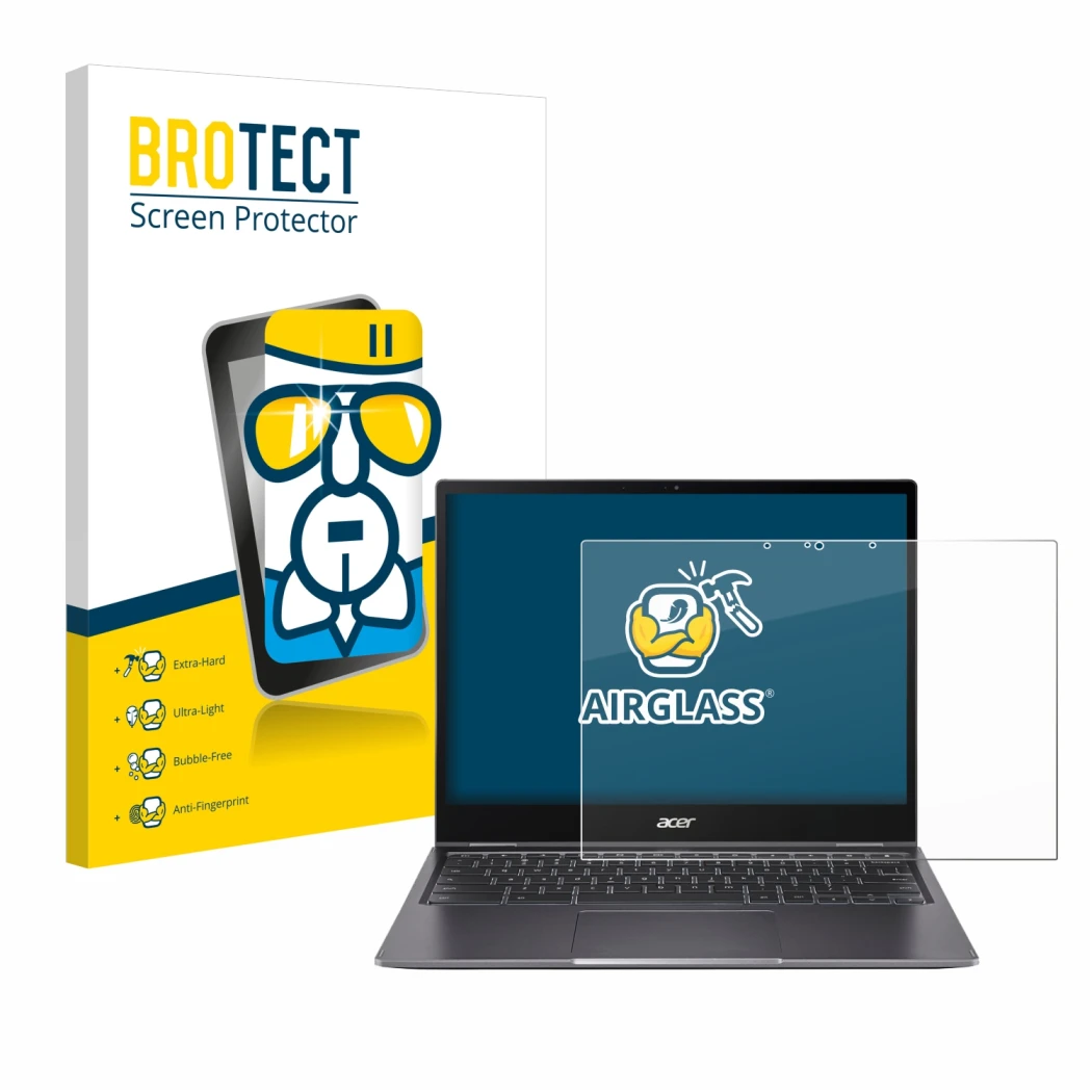 Vorderseite einer Produktverpackung mit dem Markenlogo BROTECT. Daneben ist das Gerät Acer Chromebook Spin 713 mit dem zugehör