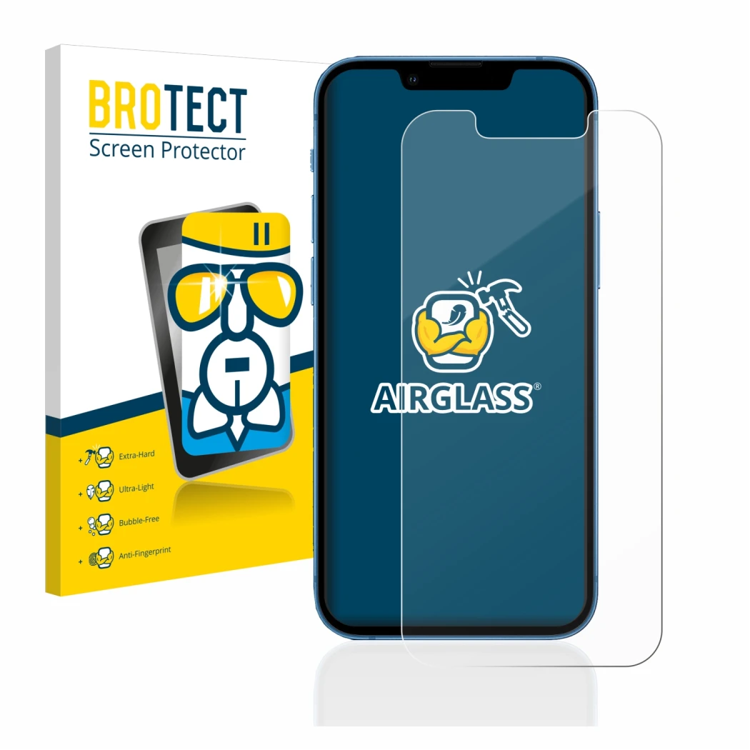 Vorderseite einer Produktverpackung mit dem Markenlogo BROTECT. Daneben ist das Gerät Apple iPhone 13 mini mit dem zugehörigen