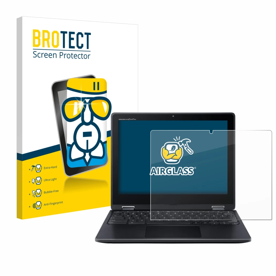 Vorderseite einer Produktverpackung mit dem Markenlogo BROTECT. Daneben ist das Gerät Acer Chromebook Spin 512 mit dem zugehör