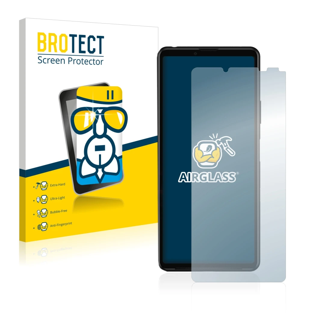 Vorderseite einer Produktverpackung mit dem Markenlogo BROTECT. Daneben ist das Gerät Sony Xperia 10 III mit dem zugehörigen D