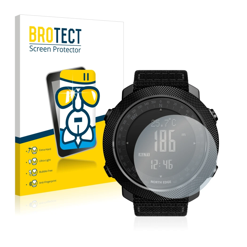 Vorderseite einer Produktverpackung mit dem Markenlogo BROTECT. Daneben ist das Gerät North Edge Apache mit dem zugehörigen Di