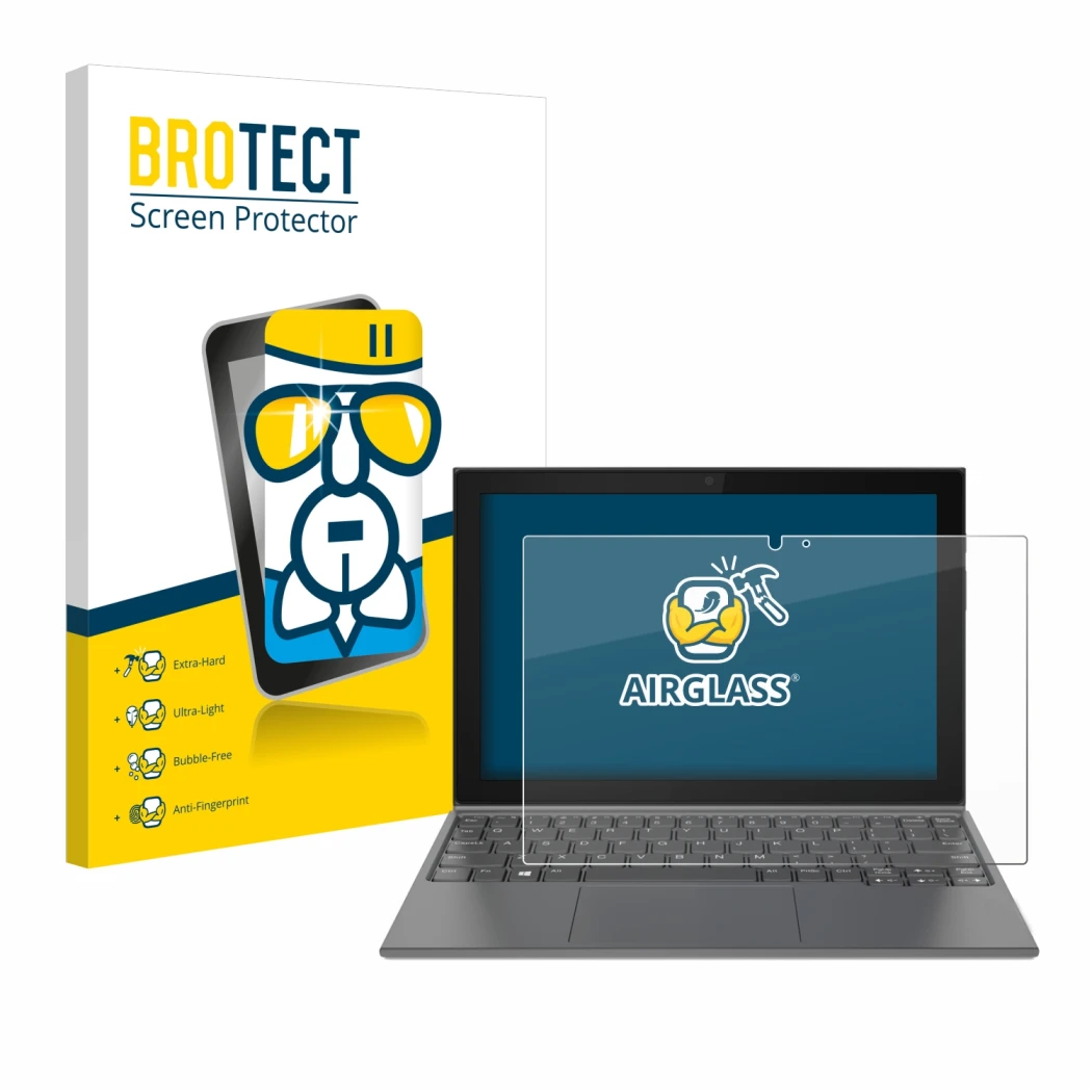 Vorderseite einer Produktverpackung mit dem Markenlogo BROTECT. Daneben ist das Gerät Lenovo IdeaPad Duet 3 10IGL5-LTE mit dem