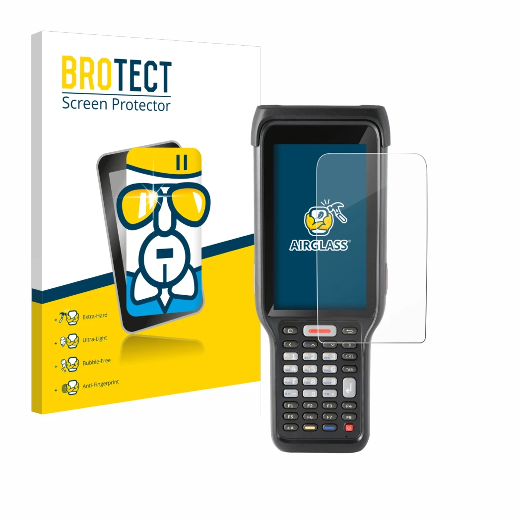 Vorderseite einer Produktverpackung mit dem Markenlogo BROTECT. Daneben ist das Gerät Honeywell ScanPal EDA61K mit dem zugehör