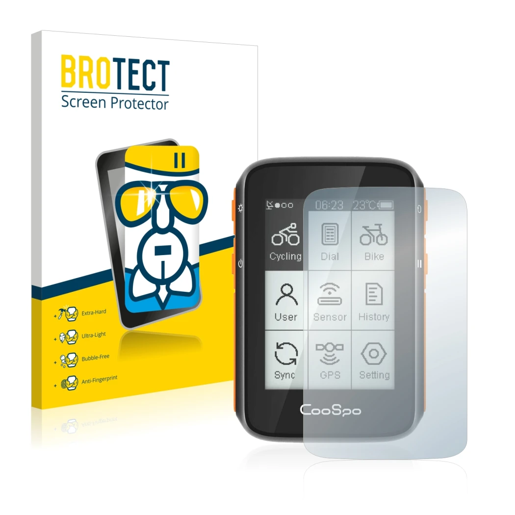 Vorderseite einer Produktverpackung mit dem Markenlogo BROTECT. Daneben ist das Gerät CooSpo BC200 mit dem zugehörigen Display