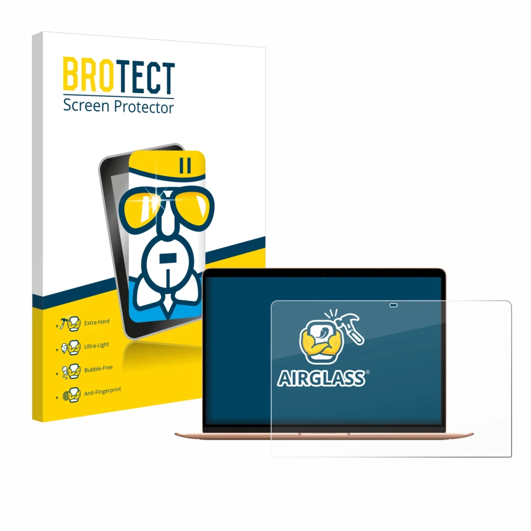 Vorderseite einer Produktverpackung mit dem Markenlogo BROTECT. Daneben ist das Gerät Apple MacBook Air M1 2020 mit dem zugehö