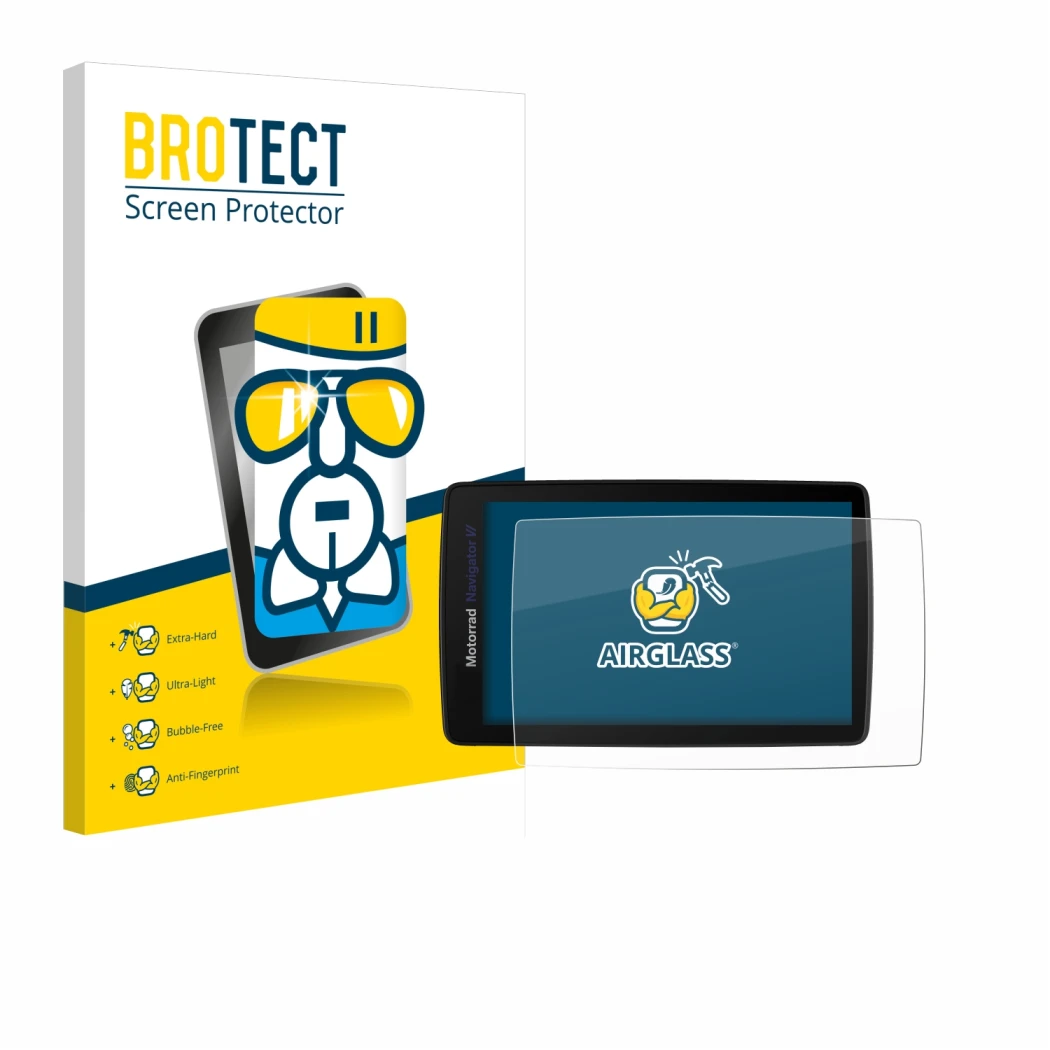 Vorderseite einer Produktverpackung mit dem Markenlogo BROTECT. Daneben ist das Gerät BMW Navigator VI mit dem zugehörigen Dis