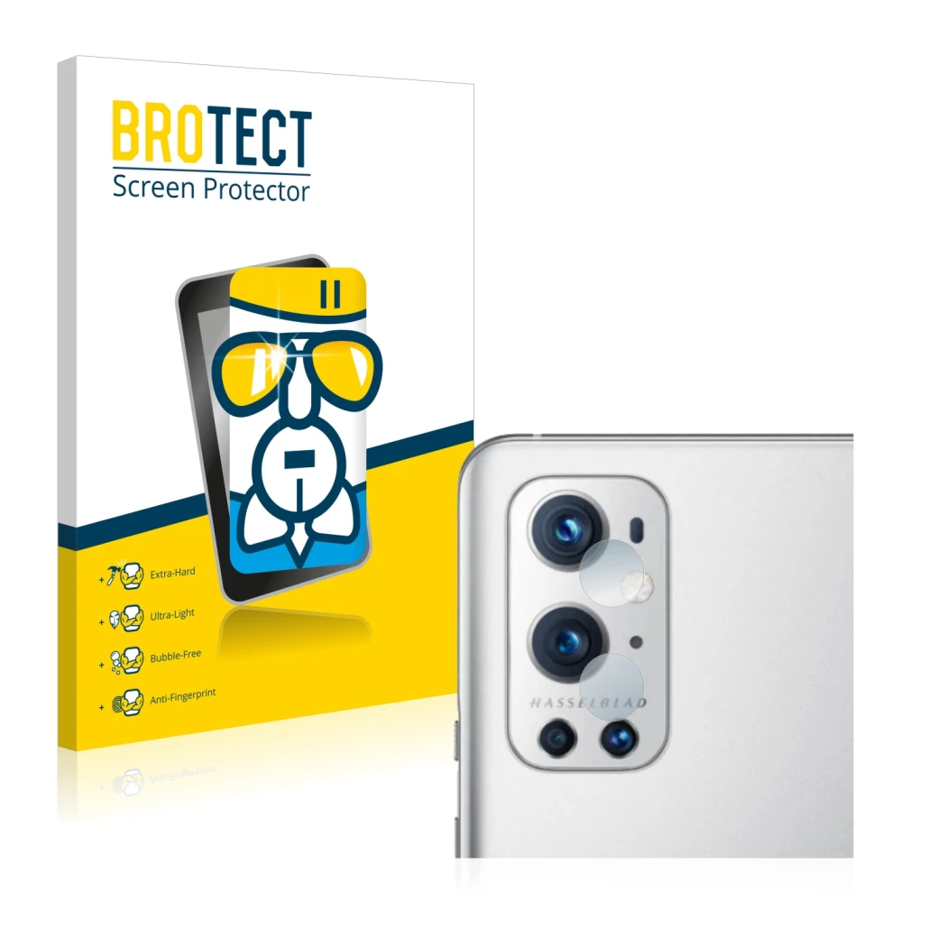 Vorderseite einer Produktverpackung mit dem Markenlogo BROTECT. Daneben ist das Gerät OnePlus 9 Pro (NUR Kameraschutz) mit dem