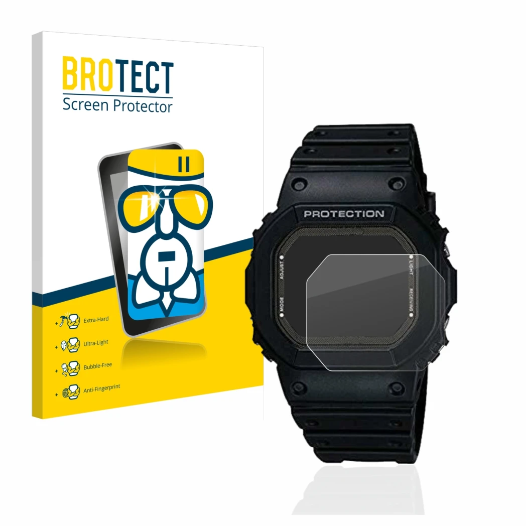 Vorderseite einer Produktverpackung mit dem Markenlogo BROTECT. Daneben ist das Gerät Casio G-Shock GW-5000-1JF mit dem zugehö