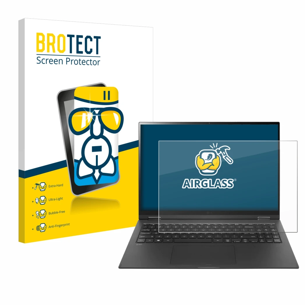 Vorderseite einer Produktverpackung mit dem Markenlogo BROTECT. Daneben ist das Gerät LG gram 16'' 2-in-1 Touch mit dem zugehö