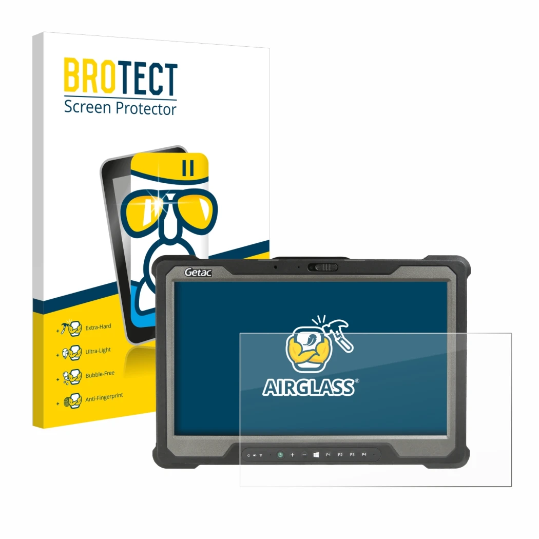 Vorderseite einer Produktverpackung mit dem Markenlogo BROTECT. Daneben ist das Gerät Getac A140 mit dem zugehörigen Displaysc