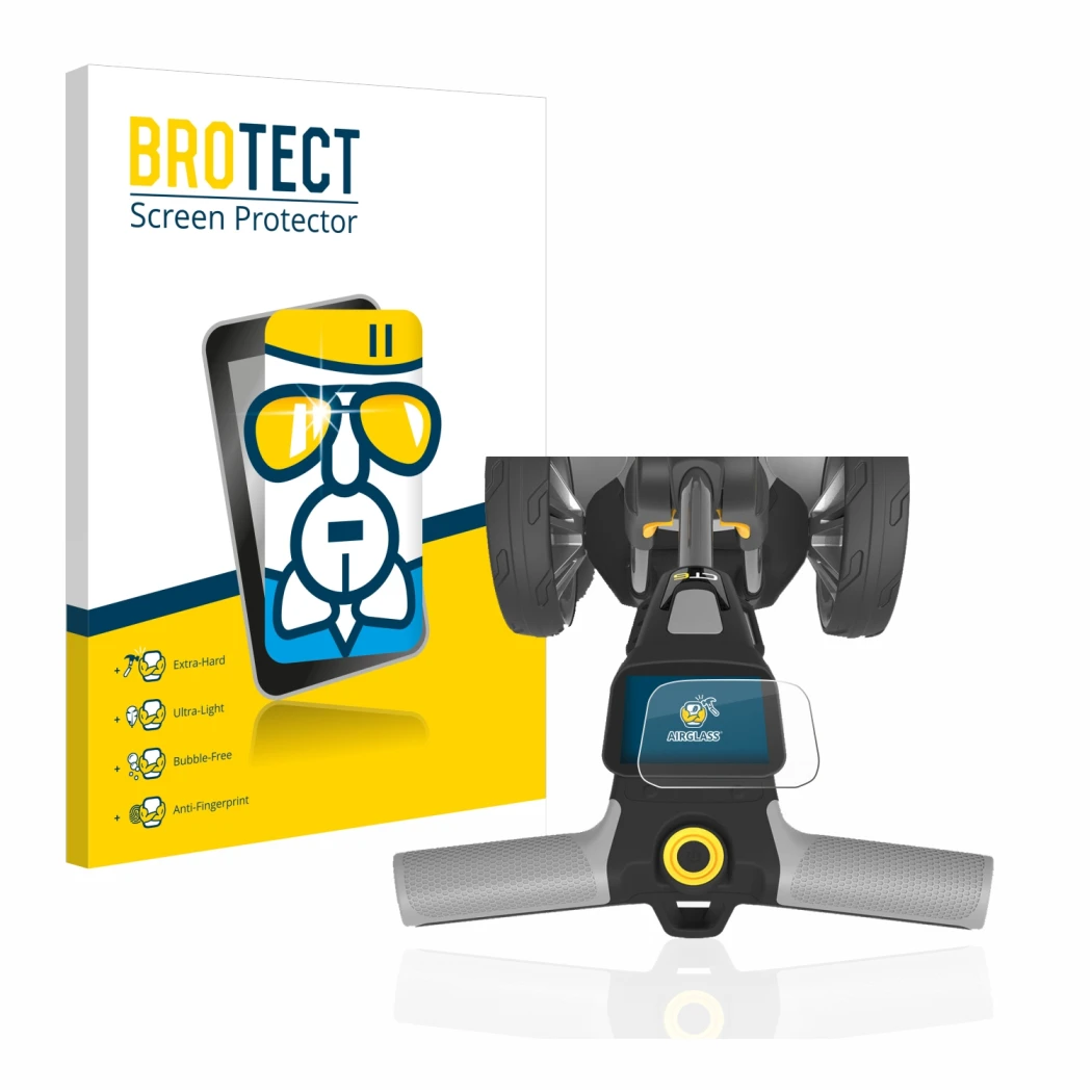 Vorderseite einer Produktverpackung mit dem Markenlogo BROTECT. Daneben ist das Gerät PowaKaddy CT6 mit dem zugehörigen Displa