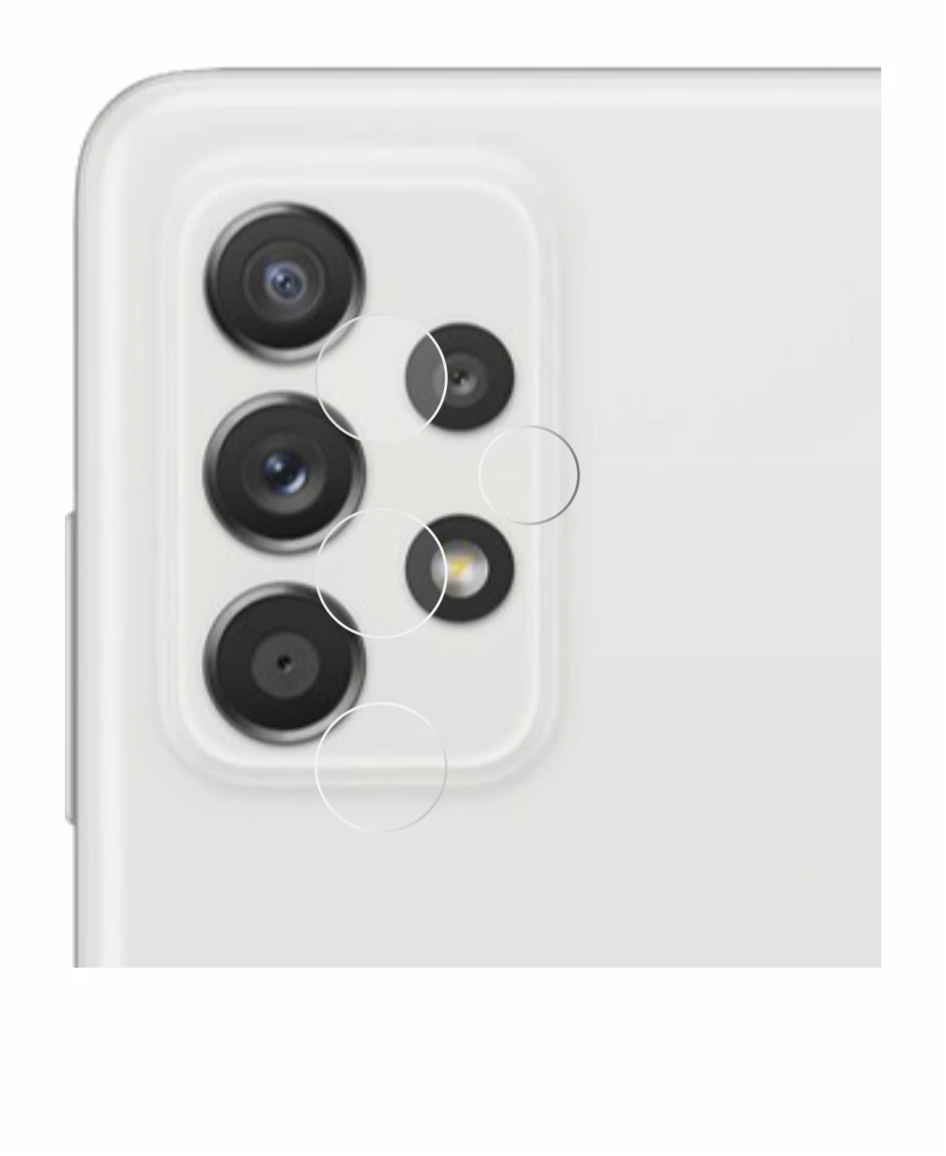 Abbildung des Geräts Samsung Galaxy A52s 5G (NUR Kameraschutz) mit einer Vielzahl des Displayschutzes.