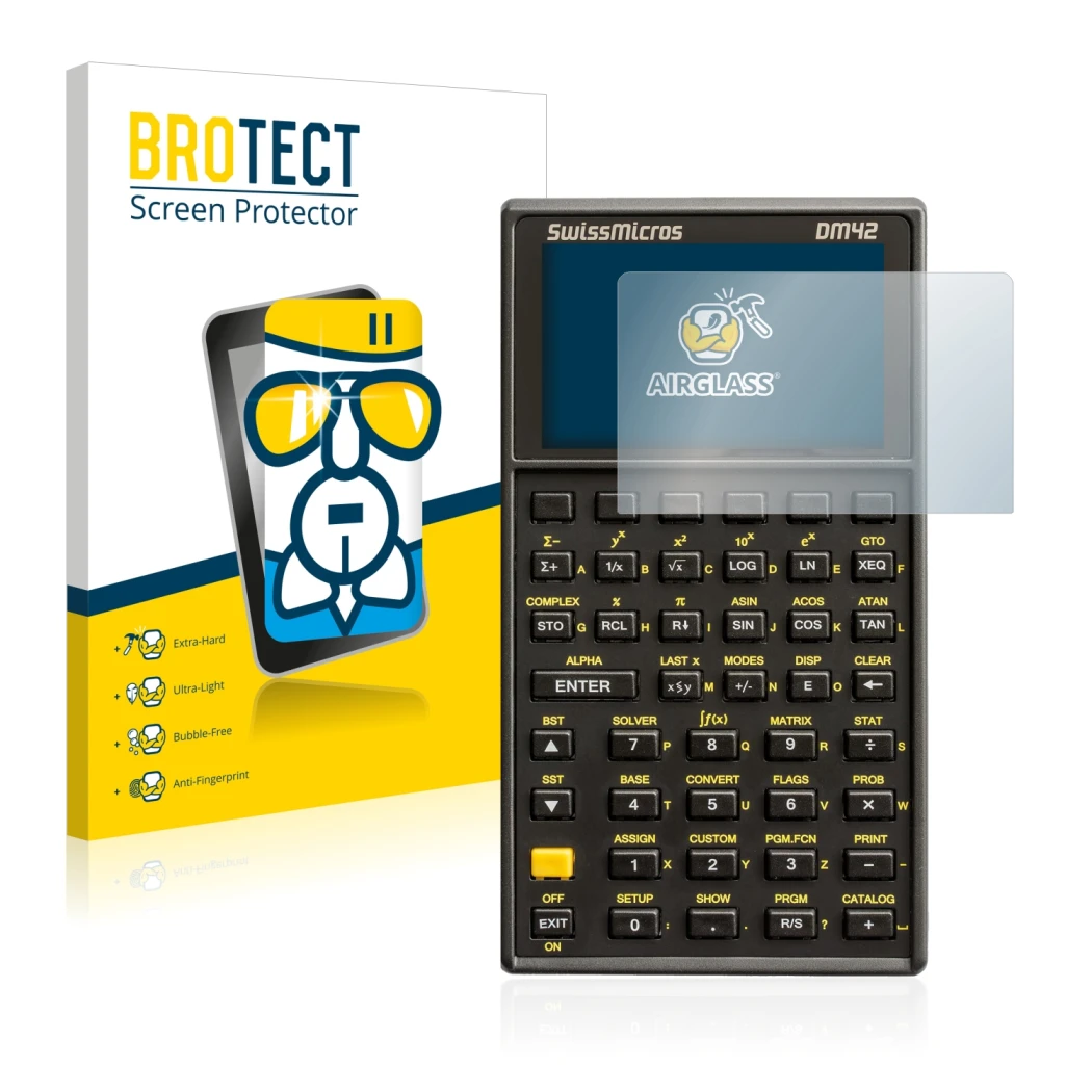 Vorderseite einer Produktverpackung mit dem Markenlogo BROTECT. Daneben ist das Gerät SwissMicros DM42 mit dem zugehörigen Dis