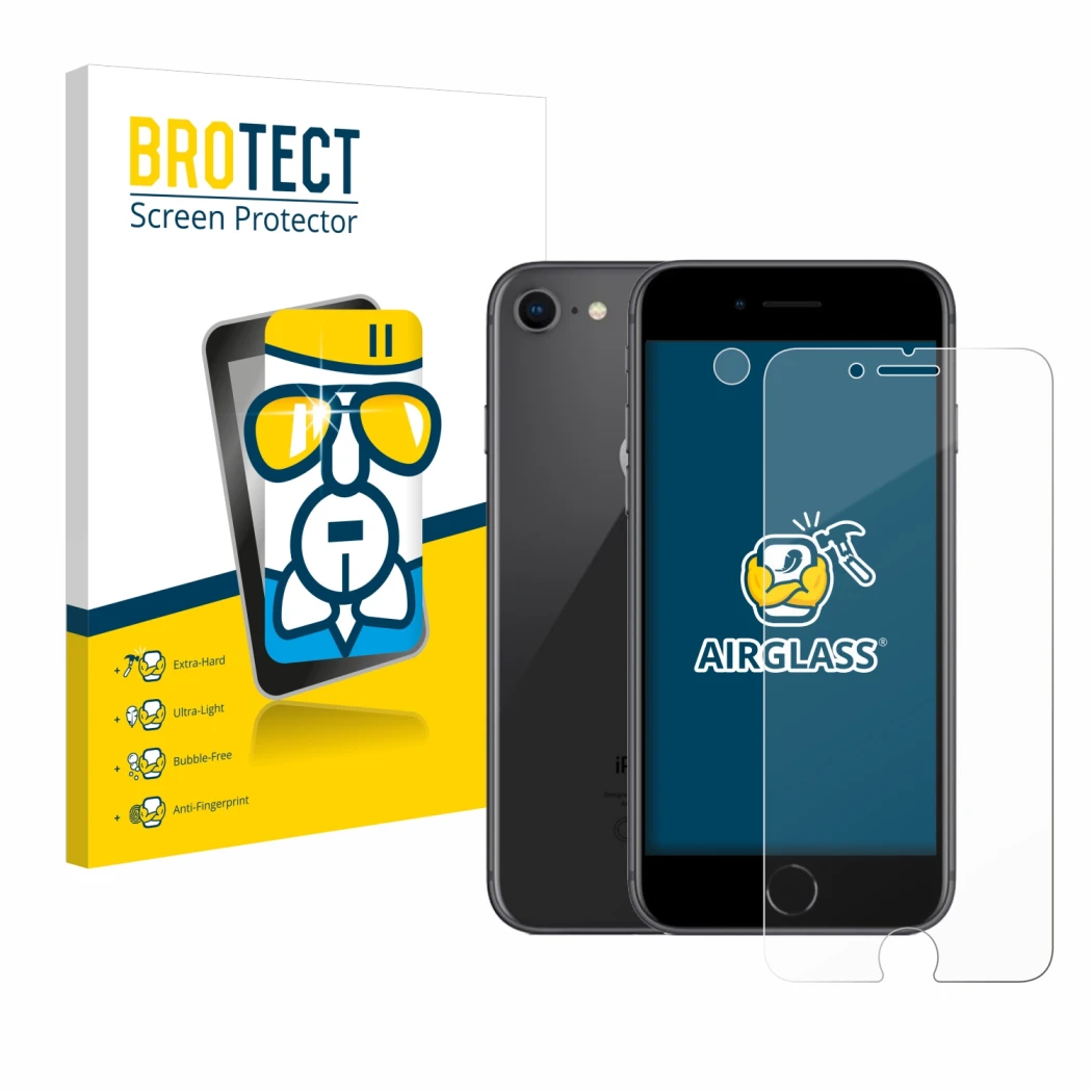 Vorderseite einer Produktverpackung mit dem Markenlogo BROTECT. Daneben ist das Gerät Apple iPhone 8 (Display+Kamera) mit dem 