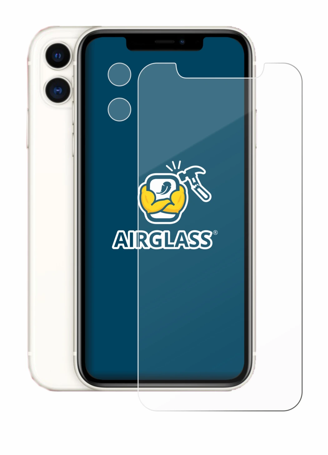 Abbildung des Geräts Apple iPhone 11 (Display+Kamera) mit einer Vielzahl des Displayschutzes.