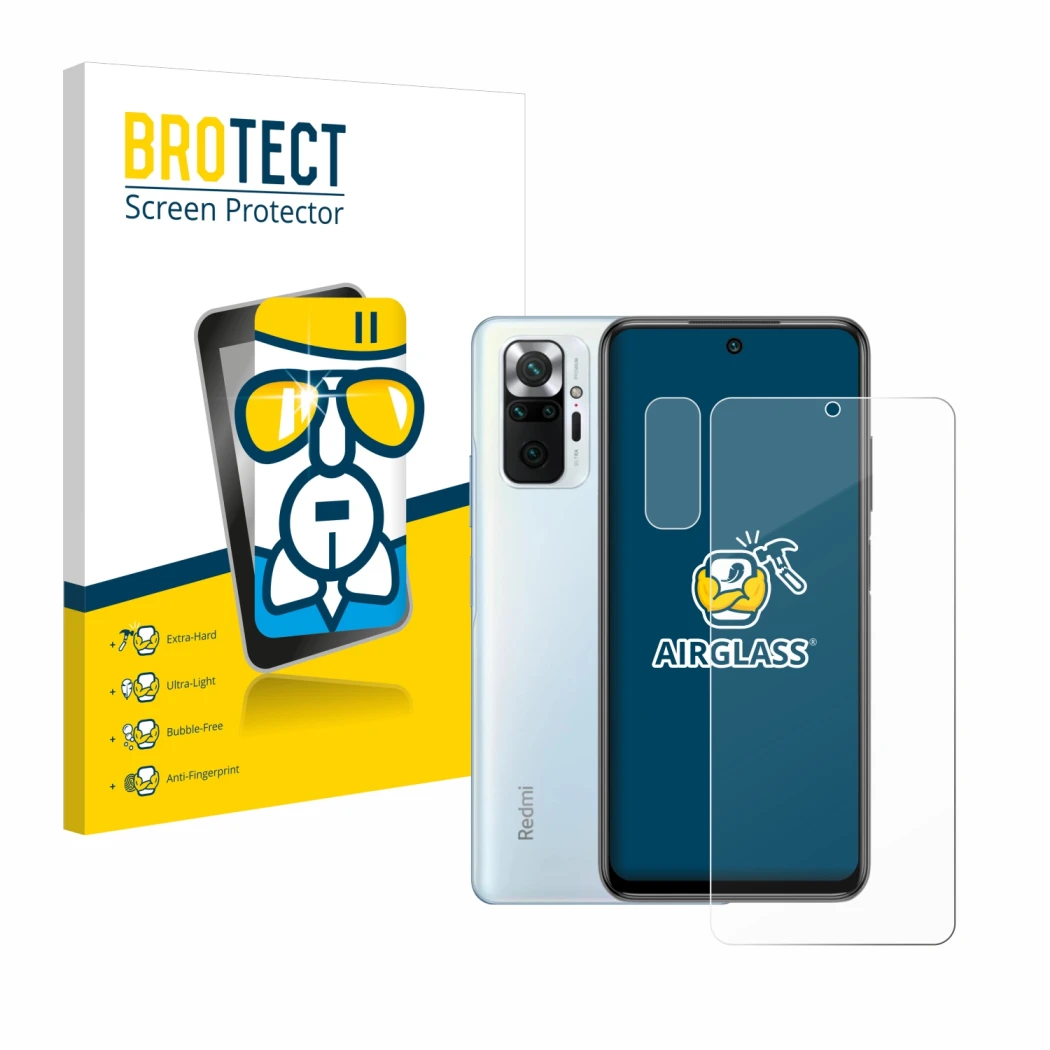 Vorderseite einer Produktverpackung mit dem Markenlogo BROTECT. Daneben ist das Gerät Xiaomi Redmi Note 10 Pro (Display+Kamera