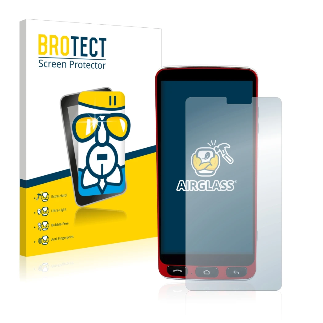 Vorderseite einer Produktverpackung mit dem Markenlogo BROTECT. Daneben ist das Gerät Olympia Neo Smartphone mit dem zugehörig