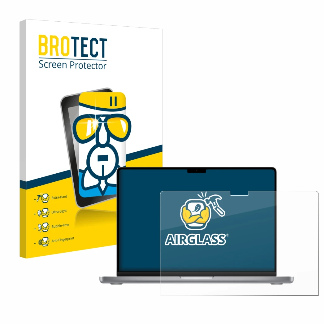 Vorderseite einer Produktverpackung mit dem Markenlogo BROTECT. Daneben ist das Gerät Apple MacBook Pro 14