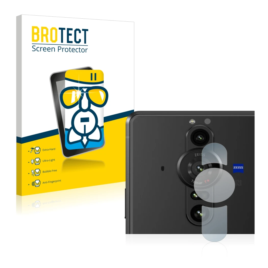 Vorderseite einer Produktverpackung mit dem Markenlogo BROTECT. Daneben ist das Gerät Sony Xperia Pro-I (NUR Kameraschutz) mit