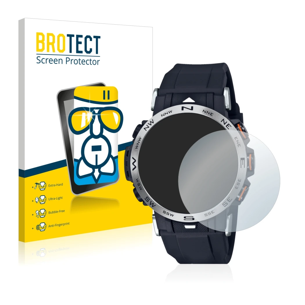 Vorderseite einer Produktverpackung mit dem Markenlogo BROTECT. Daneben ist das Gerät Casio Pro Trek PRW-30-1AER mit dem zugeh