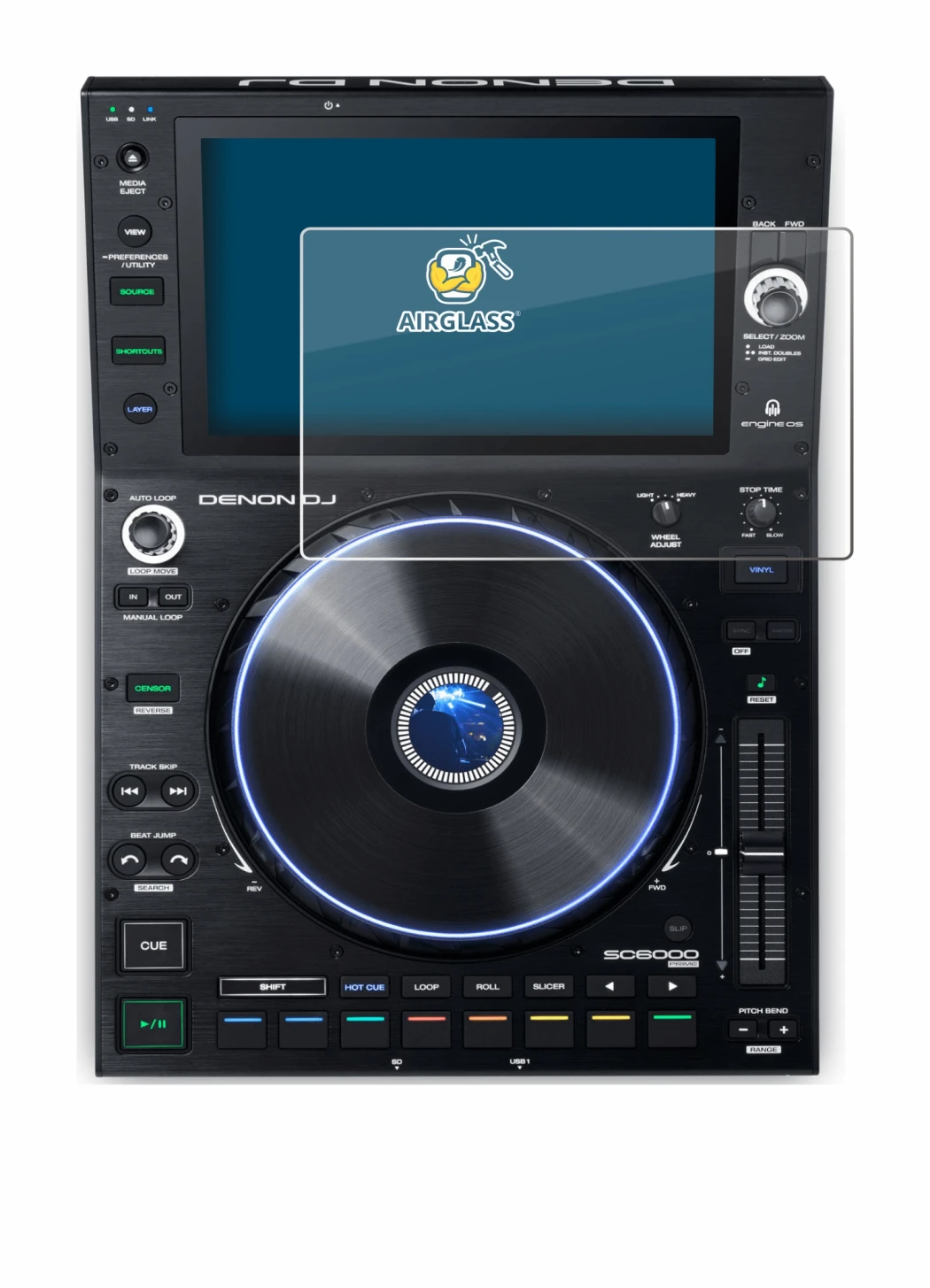 Abbildung des Geräts Denon DJ SC6000 Prime mit einer Vielzahl des Displayschutzes.