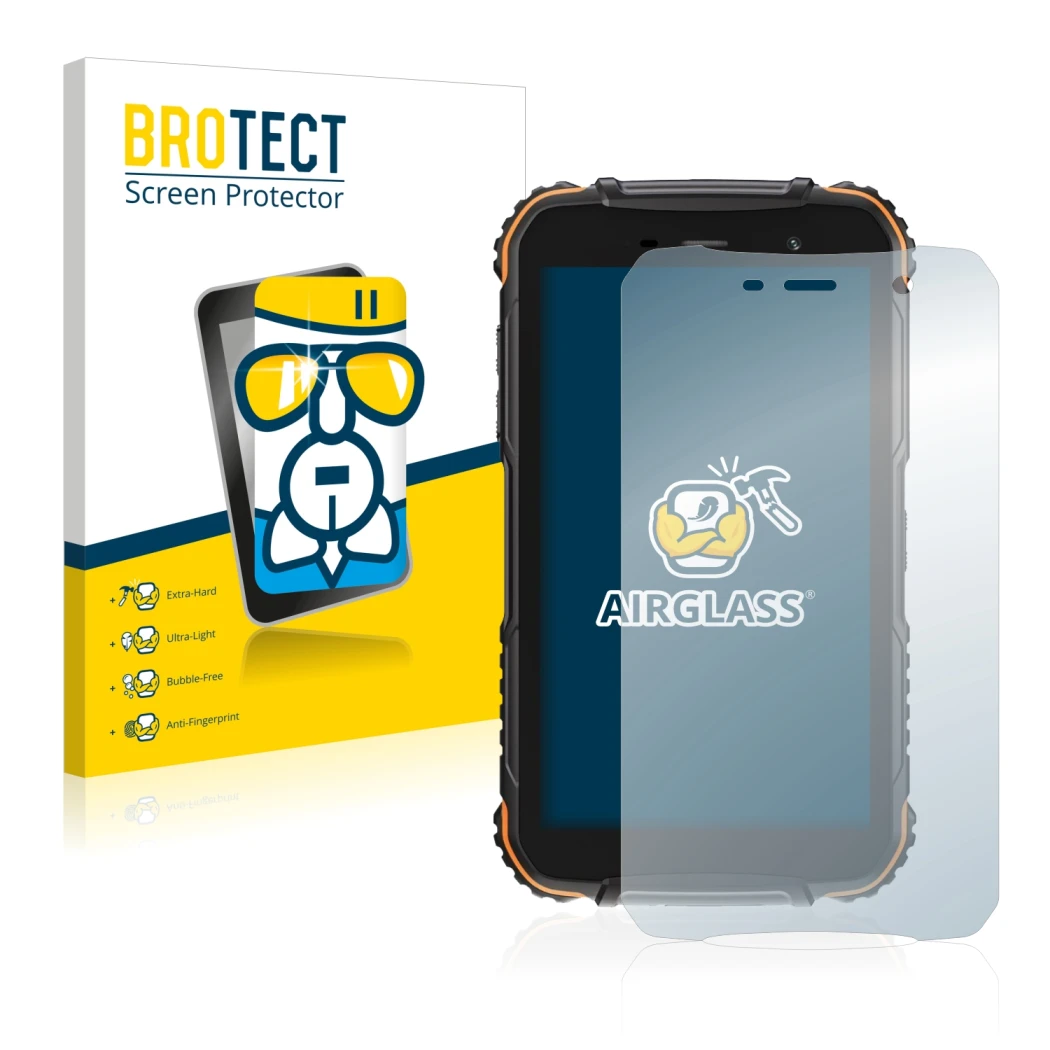 Vorderseite einer Produktverpackung mit dem Markenlogo BROTECT. Daneben ist das Gerät Doogee S35T mit dem zugehörigen Displays