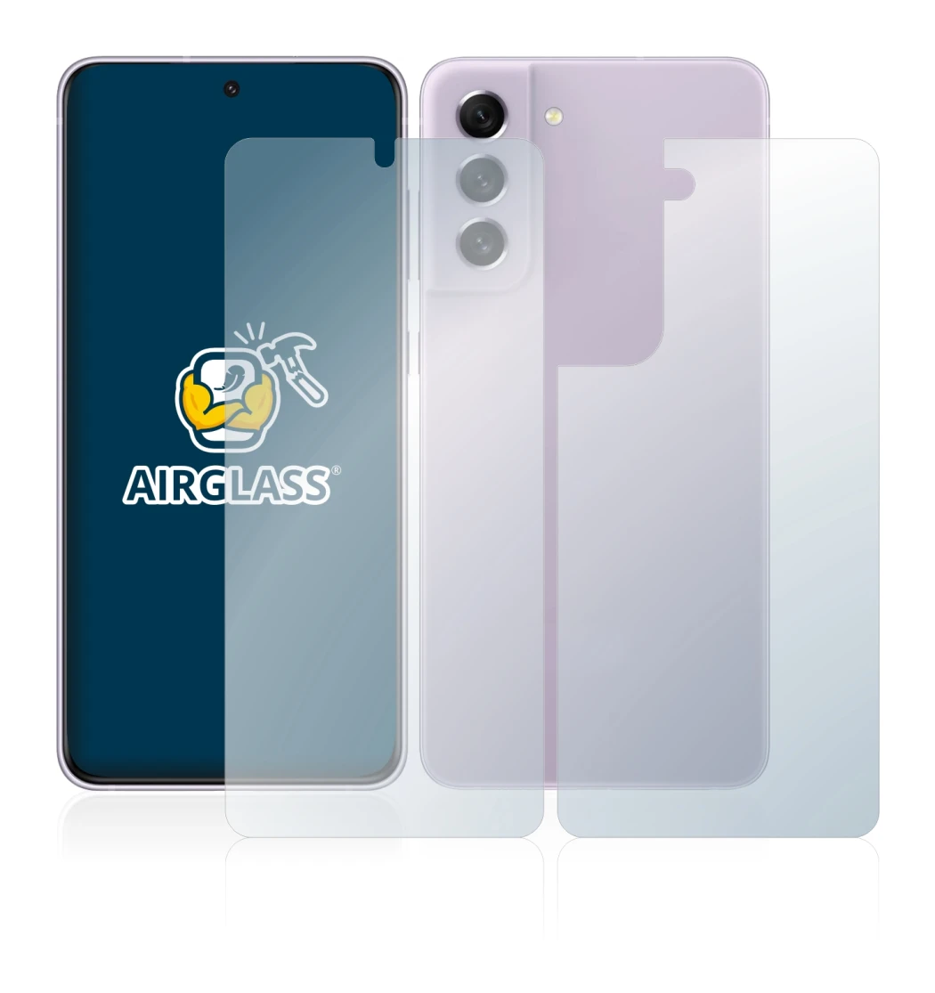 Abbildung des Geräts Samsung Galaxy S21 FE 5G (Display+Rückseite) mit einer Vielzahl des Displayschutzes.