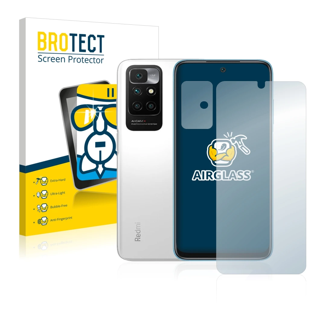 Vorderseite einer Produktverpackung mit dem Markenlogo BROTECT. Daneben ist das Gerät Xiaomi Redmi 10 (Display+Kamera) mit dem