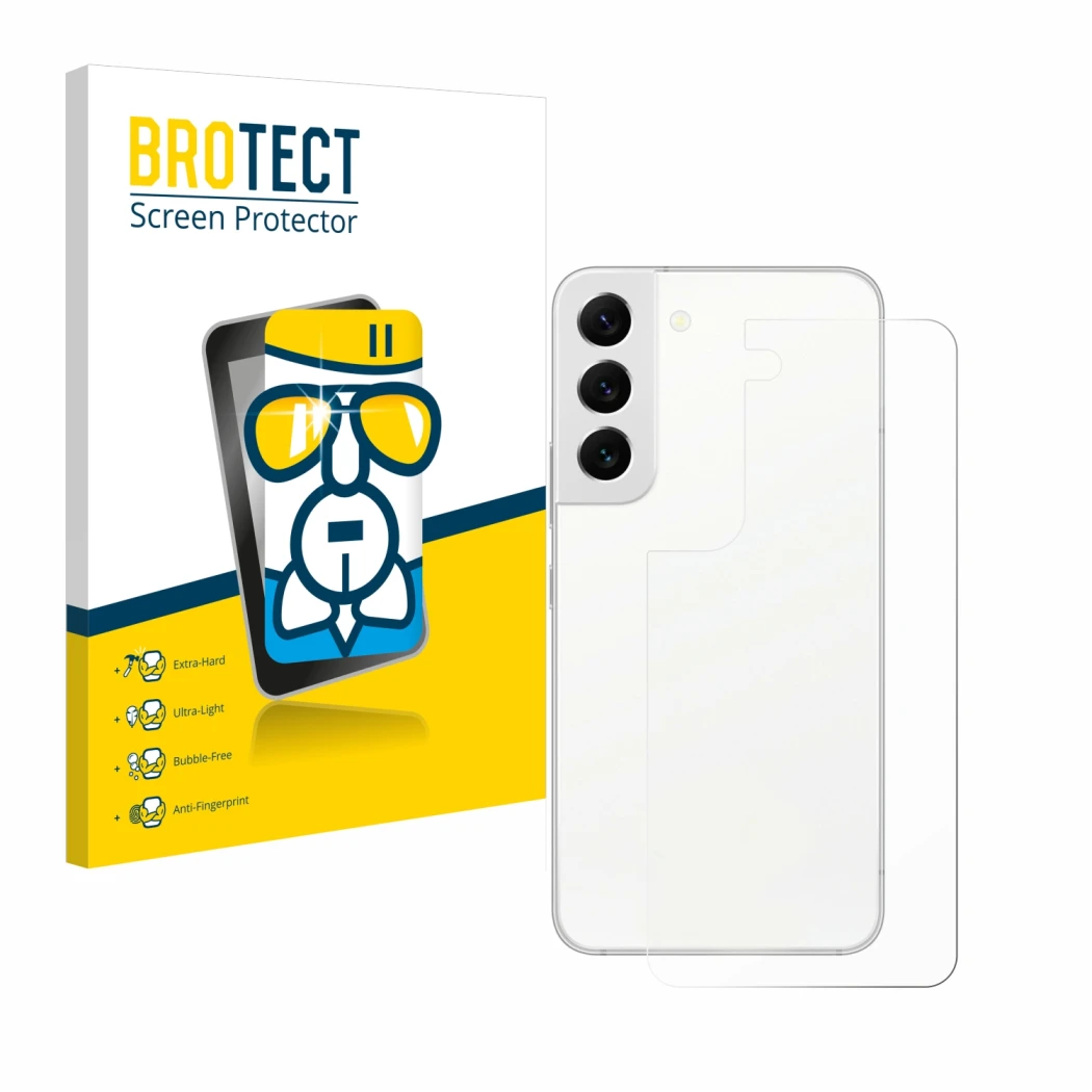 Vorderseite einer Produktverpackung mit dem Markenlogo BROTECT. Daneben ist das Gerät Samsung Galaxy S22 5G (Rückseite) mit de