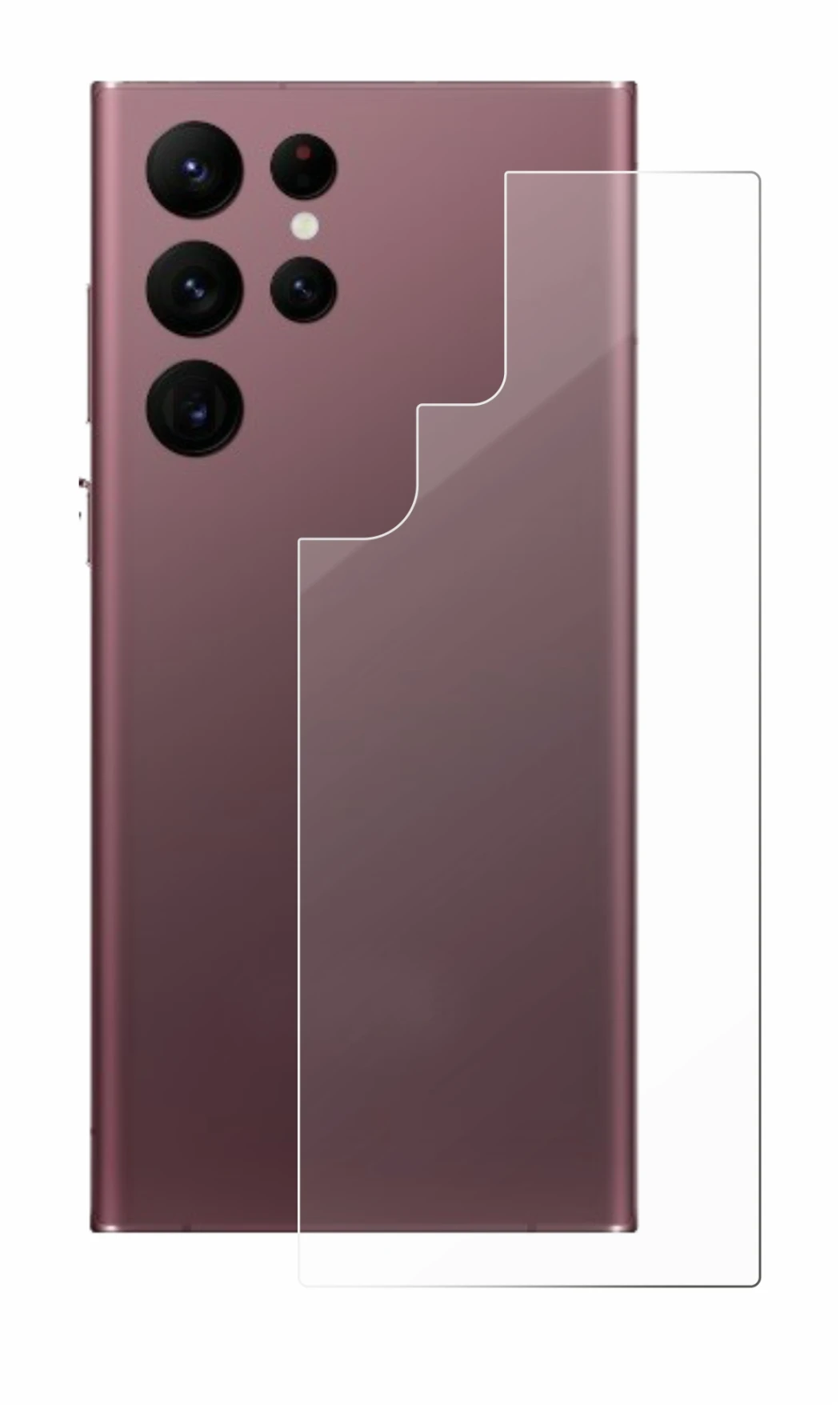 Abbildung des Geräts Samsung Galaxy S22 Ultra 5G (Rückseite) mit einer Vielzahl des Displayschutzes.
