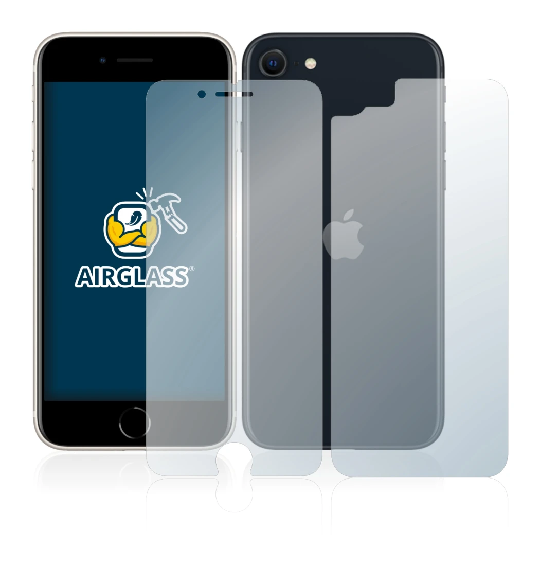 Abbildung des Geräts Apple iPhone SE 3 2022 (Display+Rückseite) mit einer Vielzahl des Displayschutzes.