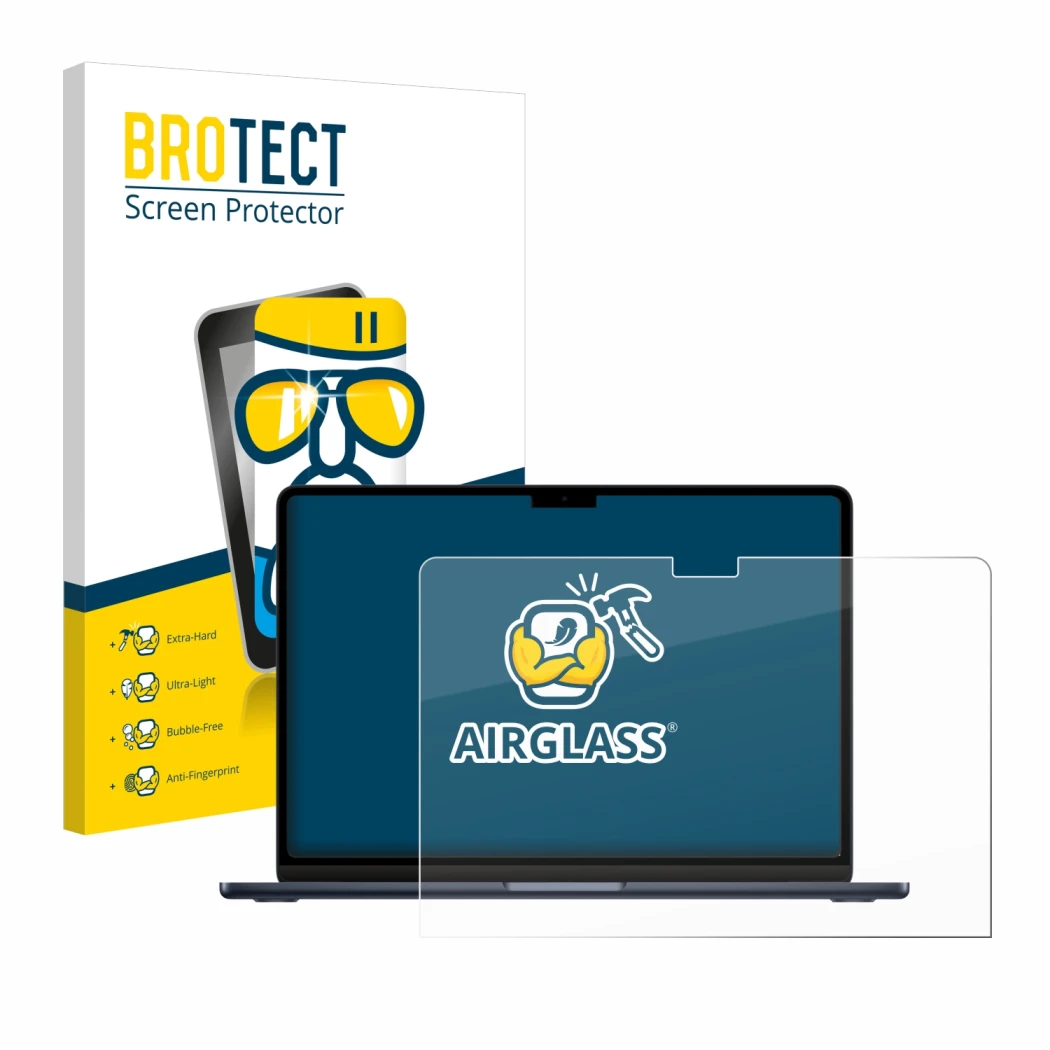 Vorderseite einer Produktverpackung mit dem Markenlogo BROTECT. Daneben ist das Gerät Apple MacBook Air 13