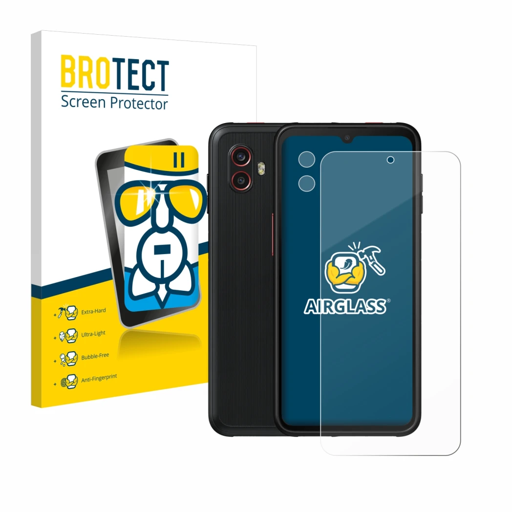 Vorderseite einer Produktverpackung mit dem Markenlogo BROTECT. Daneben ist das Gerät Samsung Galaxy Xcover 6 Pro (Display+Kam