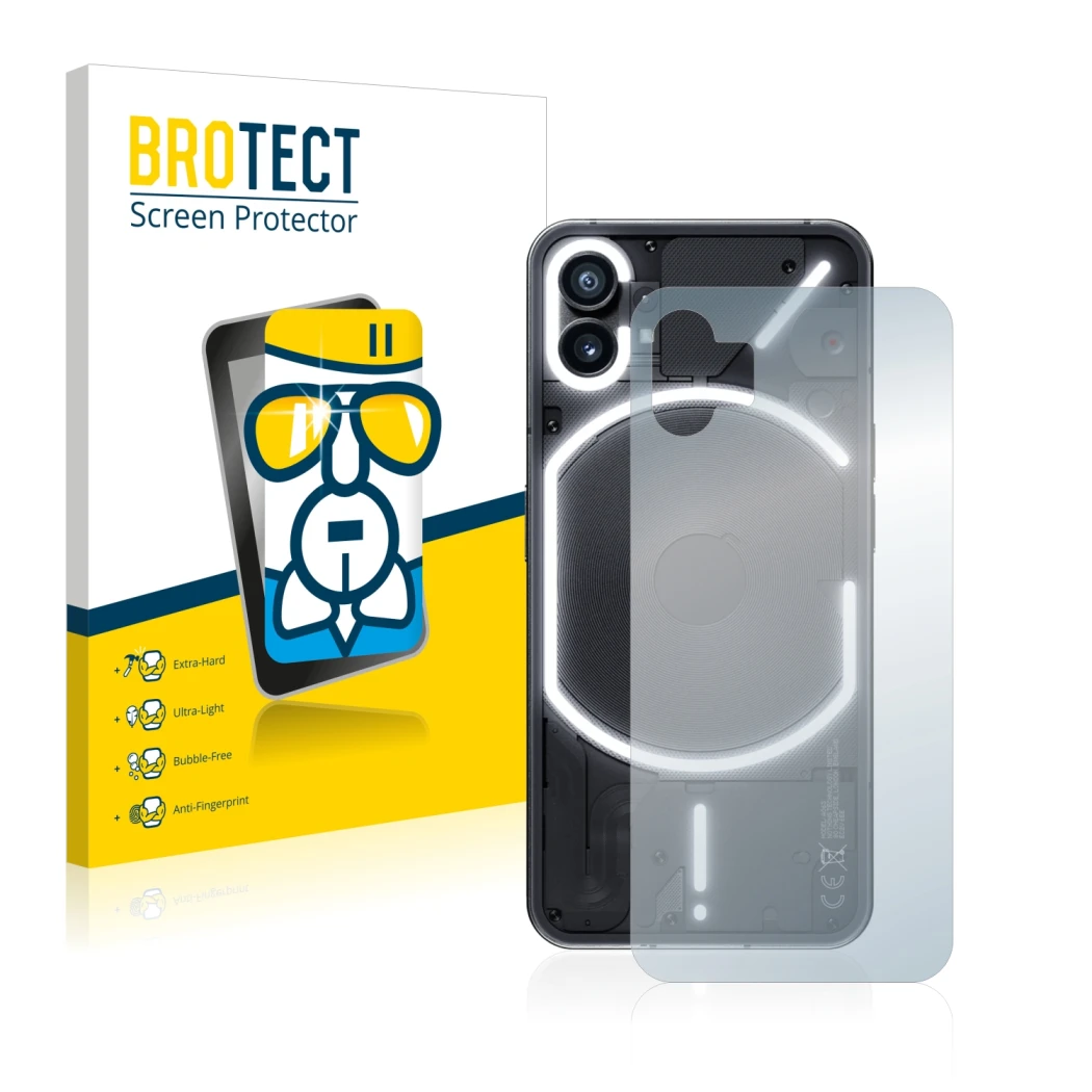 Vorderseite einer Produktverpackung mit dem Markenlogo BROTECT. Daneben ist das Gerät Nothing Phone (1) (Rückseite) mit dem zu