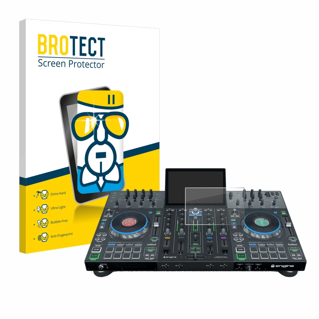 Vorderseite einer Produktverpackung mit dem Markenlogo BROTECT. Daneben ist das Gerät Denon DJ Prime 4 mit dem zugehörigen Dis