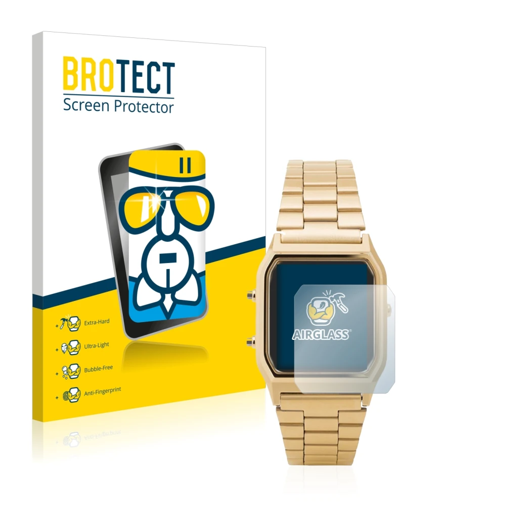 Vorderseite einer Produktverpackung mit dem Markenlogo BROTECT. Daneben ist das Gerät Casio AQ-230GA mit dem zugehörigen Displ