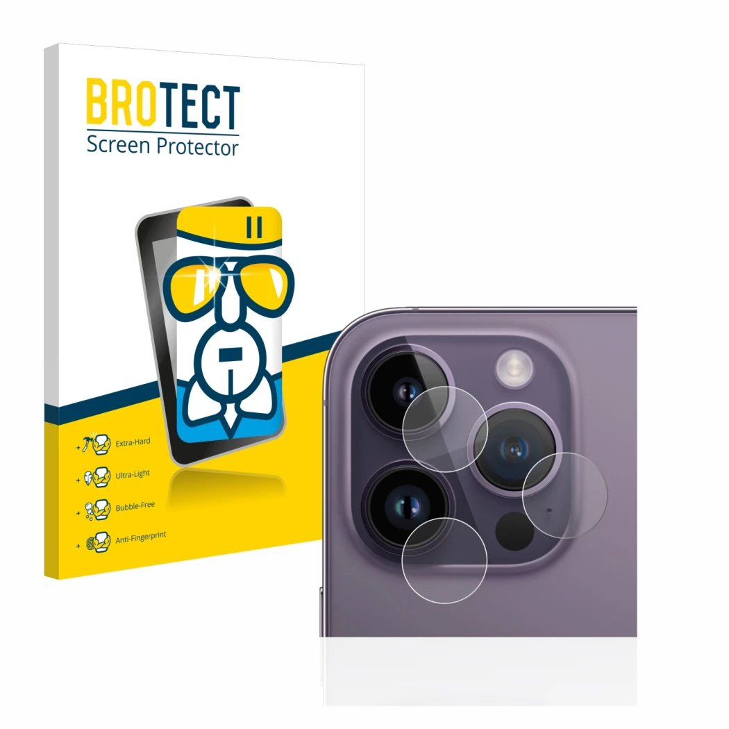Vorderseite einer Produktverpackung mit dem Markenlogo BROTECT. Daneben ist das Gerät Apple iPhone 14 Pro (NUR Kameraschutz) m