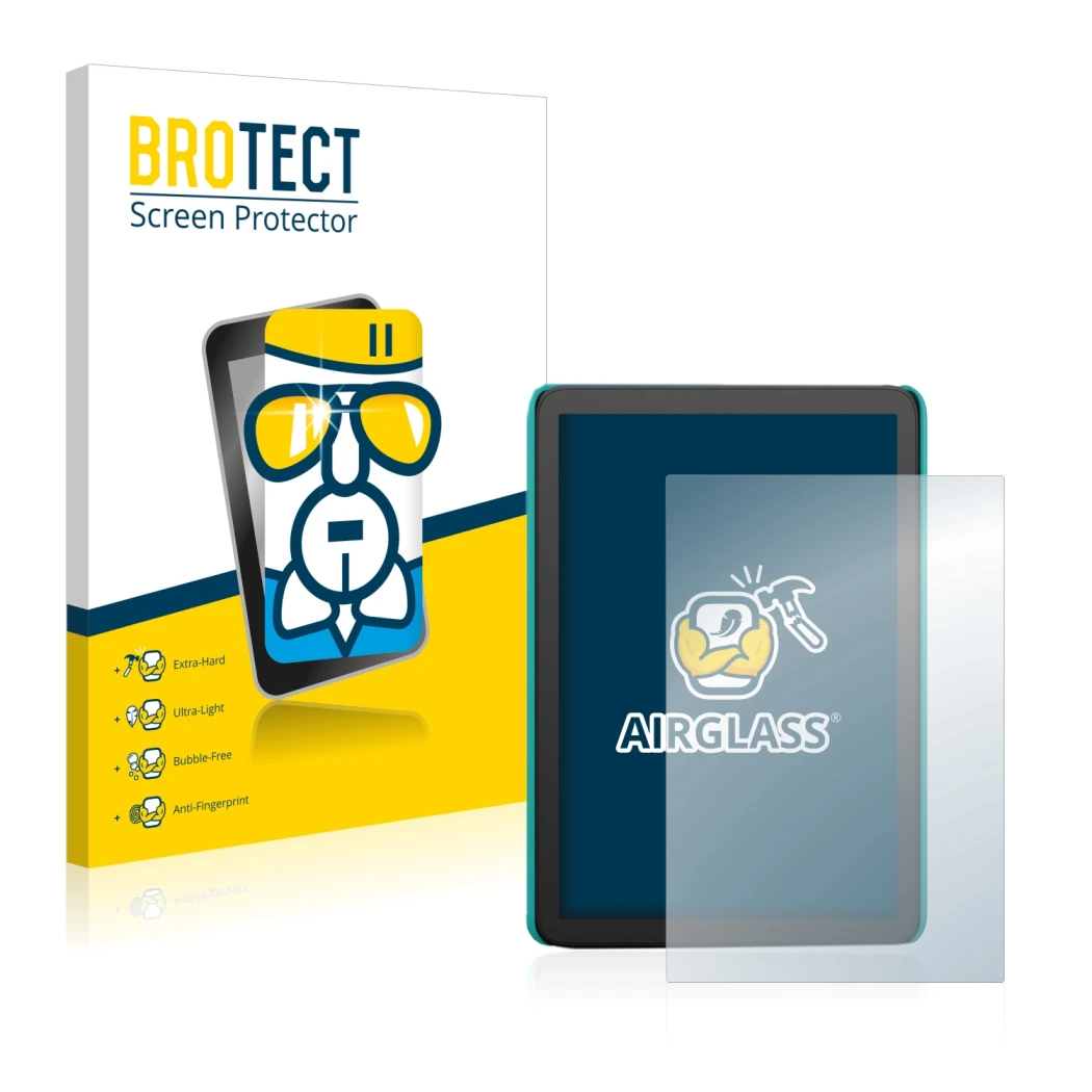 Vorderseite einer Produktverpackung mit dem Markenlogo BROTECT. Daneben ist das Gerät Amazon Kindle Kids (2022) mit dem zugehö