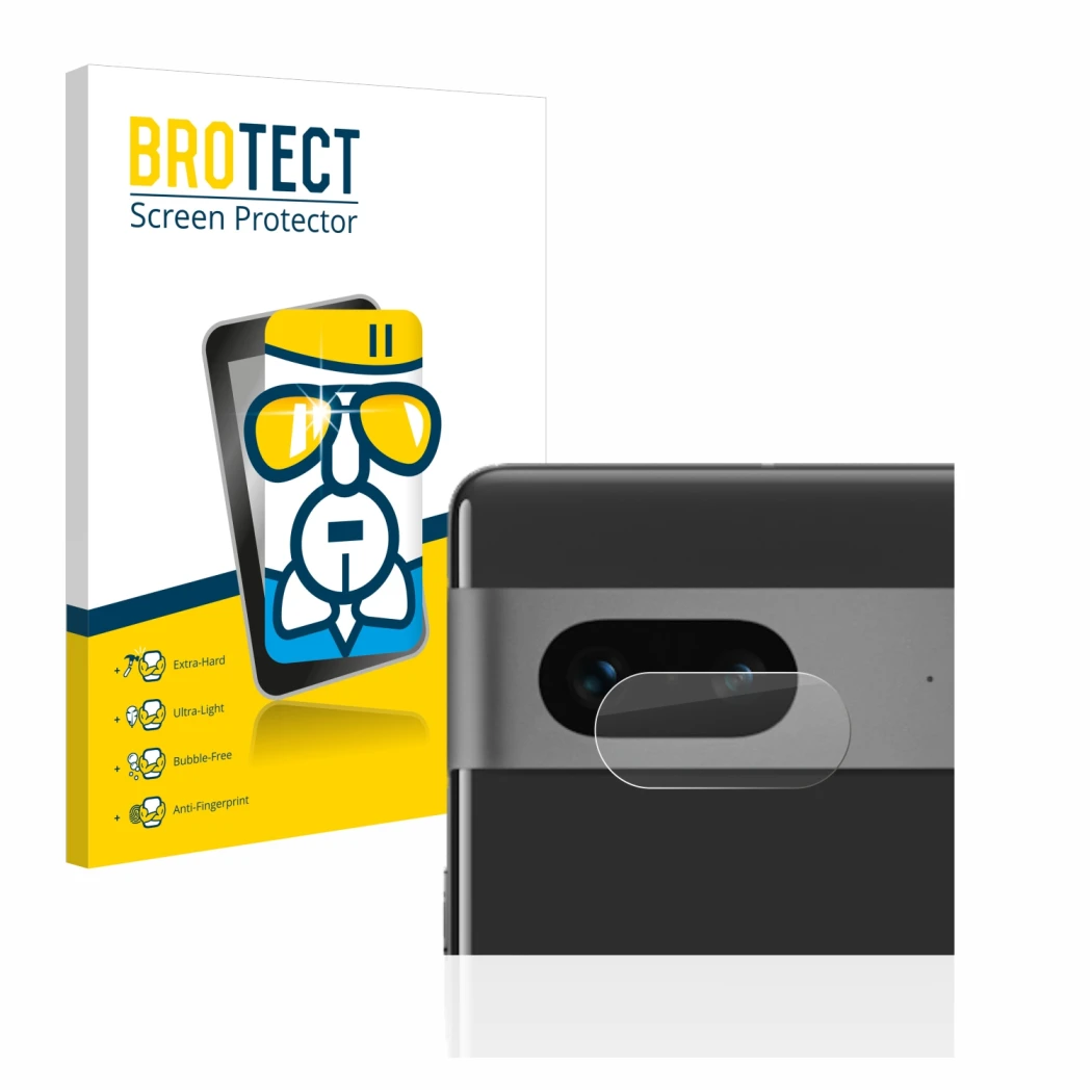 Vorderseite einer Produktverpackung mit dem Markenlogo BROTECT. Daneben ist das Gerät Google Pixel 7 (NUR Kameraschutz) mit de