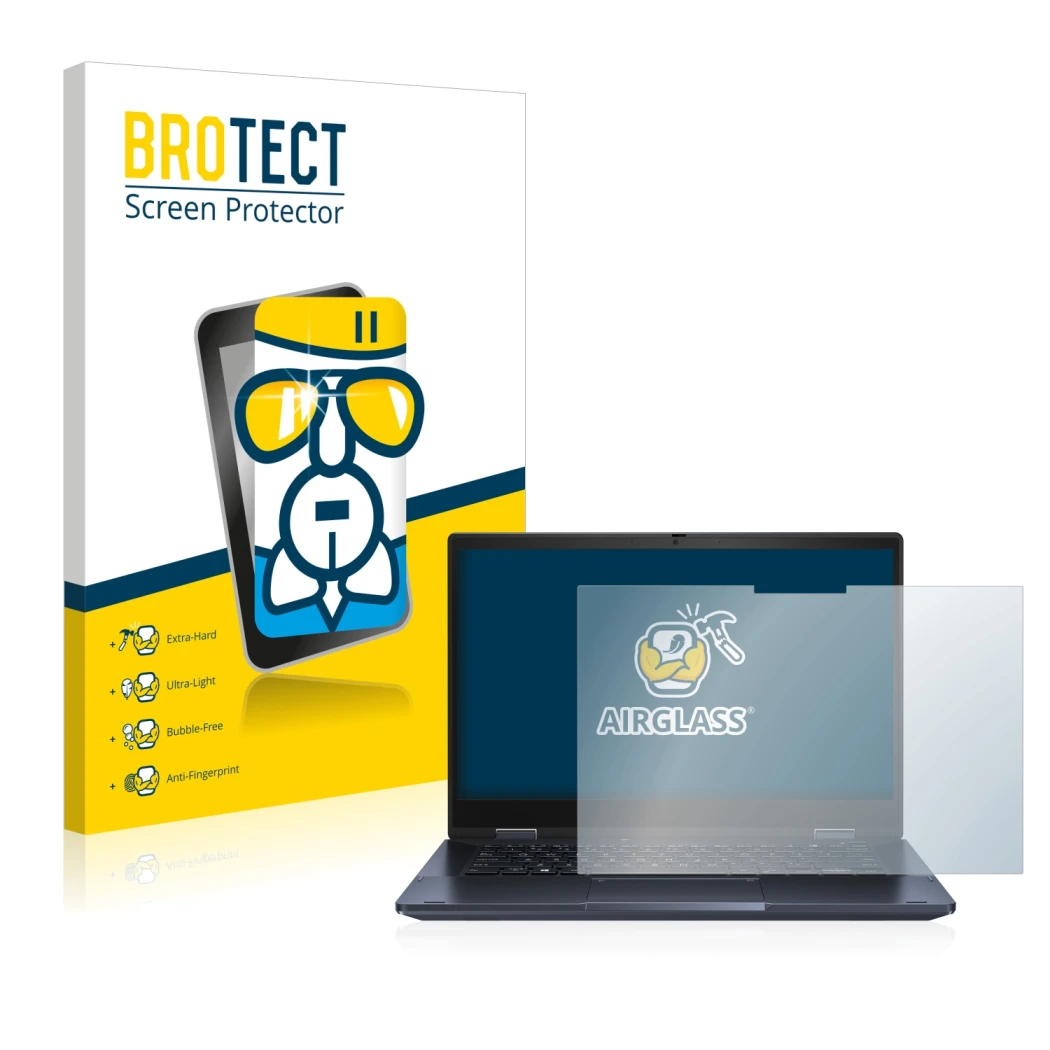 Vorderseite einer Produktverpackung mit dem Markenlogo BROTECT. Daneben ist das Gerät ASUS ExpertBook B3 Flip B3402 mit dem zu