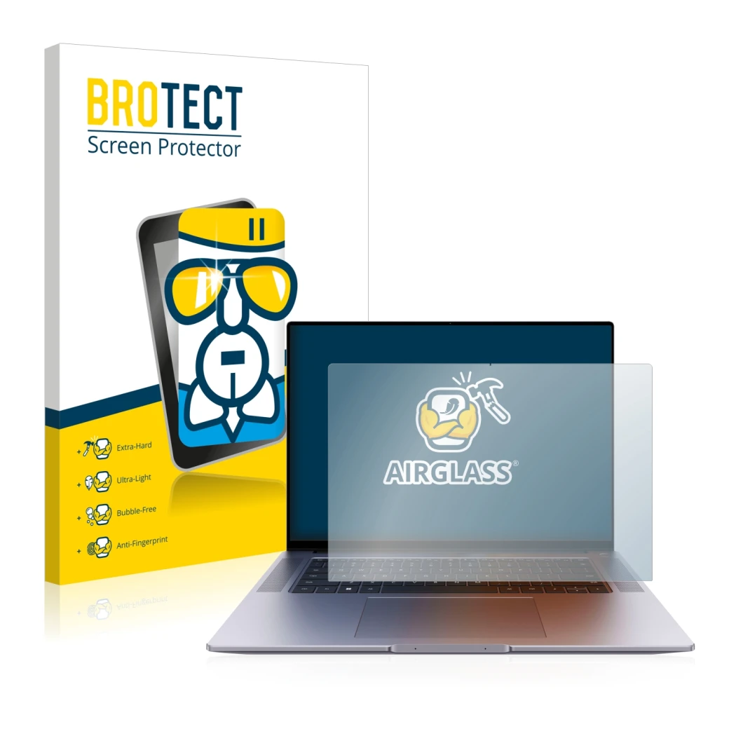 Vorderseite einer Produktverpackung mit dem Markenlogo BROTECT. Daneben ist das Gerät Huawei MateBook 16s mit dem zugehörigen 