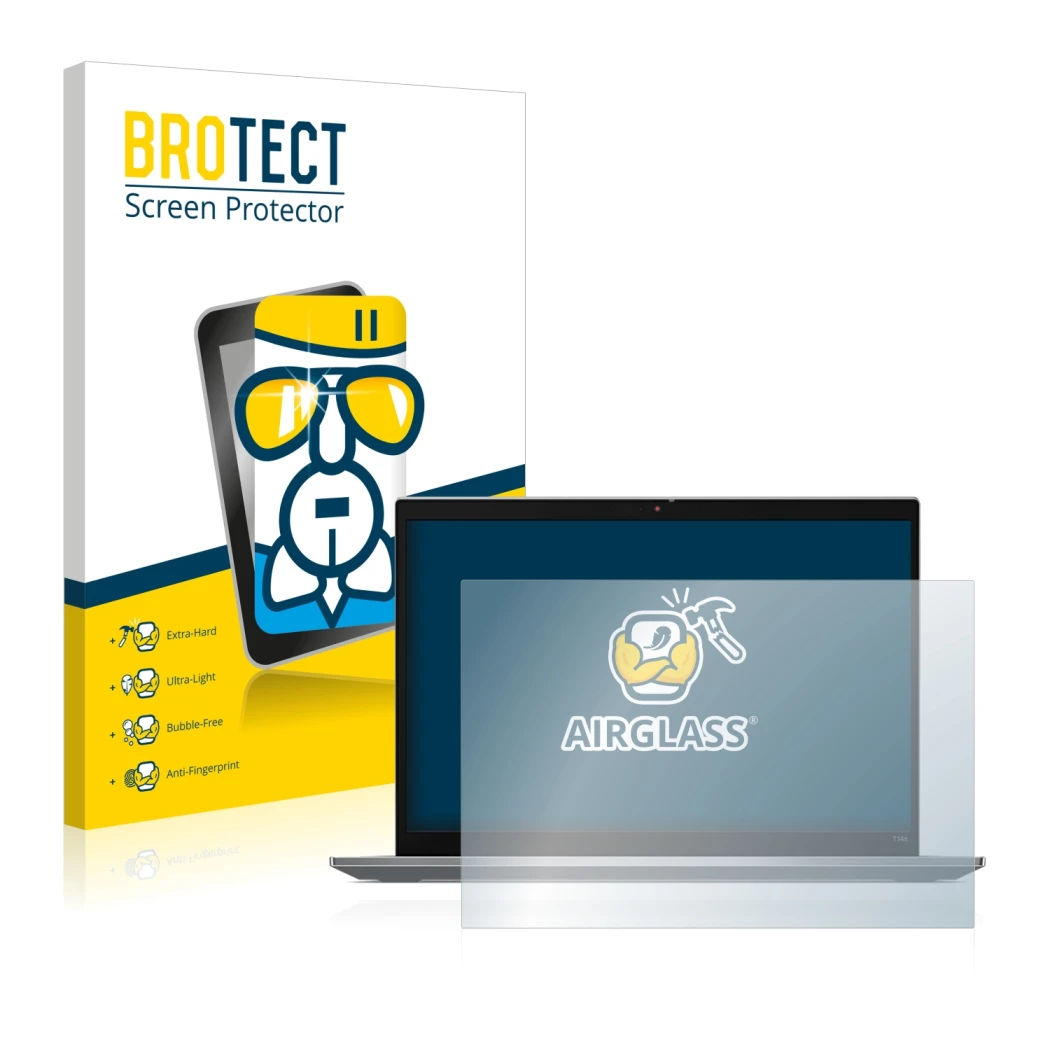 Vorderseite einer Produktverpackung mit dem Markenlogo BROTECT. Daneben ist das Gerät Lenovo ThinkPad T14s Gen 3 mit dem zugeh